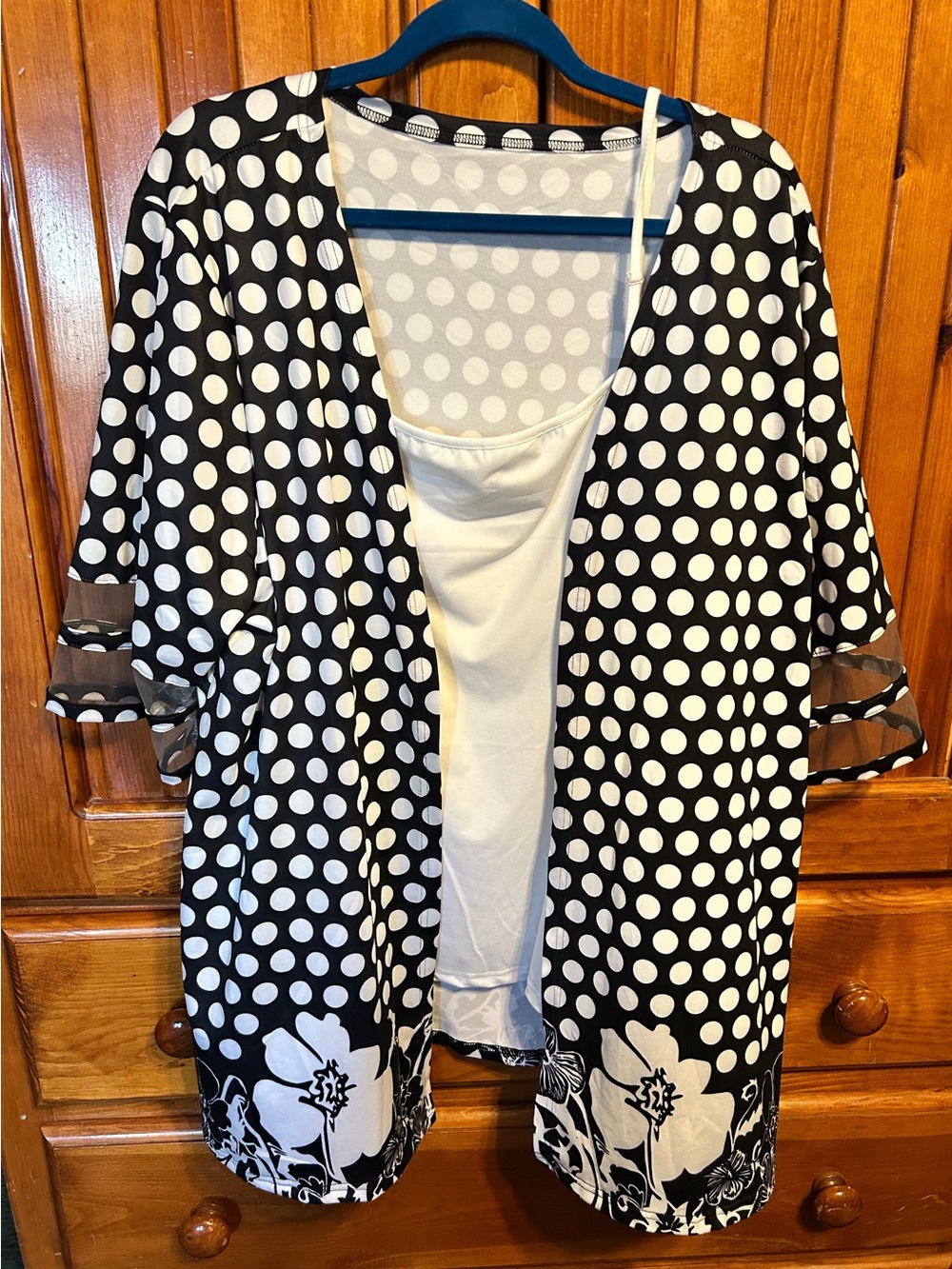 Women's Black & White Polka Dot Open-Front Jacket with Floral Hem